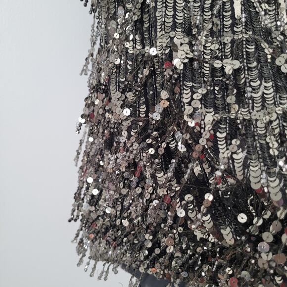 NWT $1000 Alice + Olivia Chicago Sequin Fringe Mini Dress Gunmetal Silver Sz 0 - Picture 14 of 16